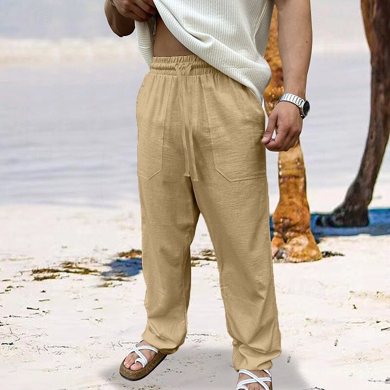 Men's Linen Pants Trousers Summer Pants Beach Pants Drawstring Elastic Waist Straight Leg Plain Comfort Breathable Full Length Outdoor Daily Holiday Vacation Fashion Black White4