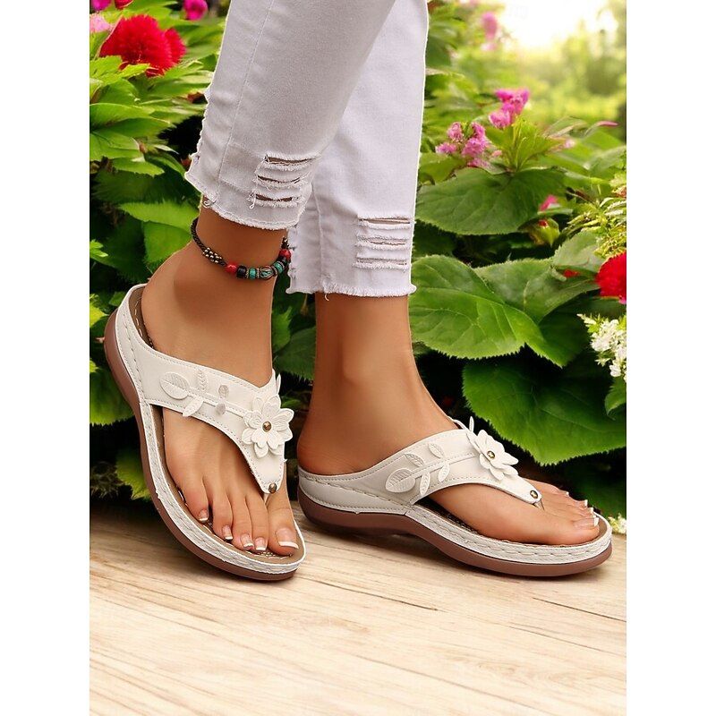 Women's Yellow Floral Embossed Wedge Flip Flop Sandals – Comfortable Slip-On Thong Sandals for Casual Summer & Beach Wea