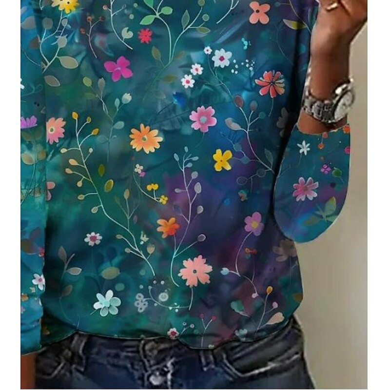 Women's T shirt Crew Neck Long Sleeve Tunic Floral Graphic Casual  Regular Tops Daily Print Blue Spring Fall3