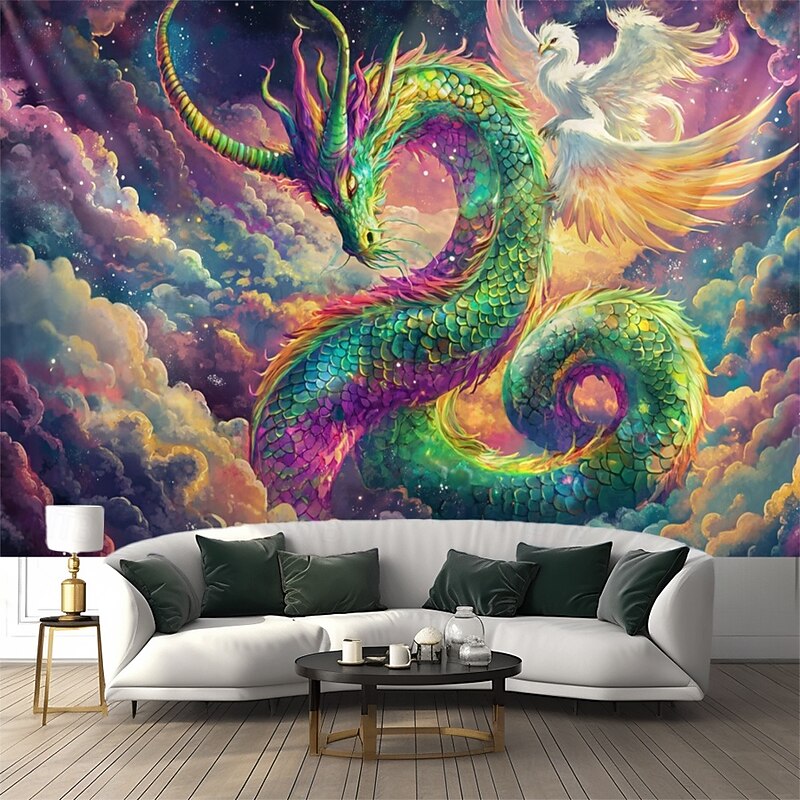 Blacklight Tapestry Glow in the Dark Glow Party UV Reactive Dragon Phenix Trippy Misty Galaxy Nature Landscape Hanging Tapestry Wall Art Mural for Living Room Bedroom