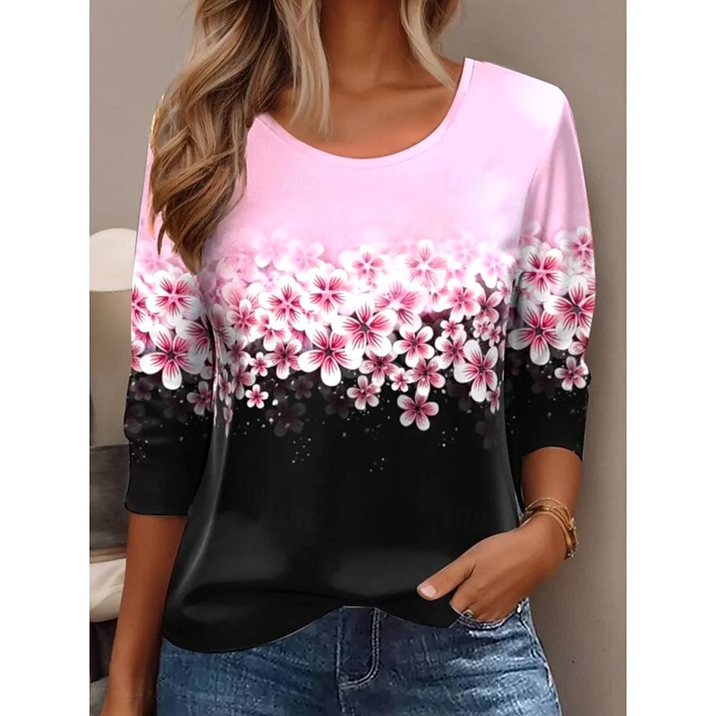 Women's T shirt Crew Neck Long Sleeve Tunic Floral Elegant Vintage  Regular Tops Daily Going out Weekend Print Pink