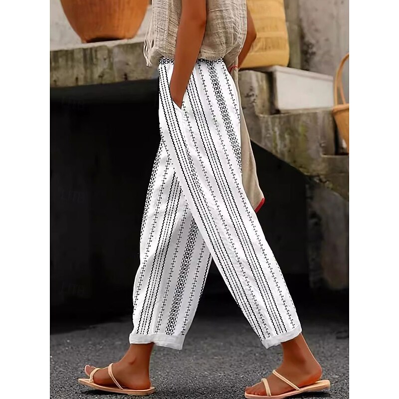 Women's Cotton Linen Pants Baggy Pants Linen Like Fashion Streetwear Full Length High Waist Floral Graphic Printing Thermal Warm Breathable Soft Micro-elastic Outdoor Daily Black White Pink Blue