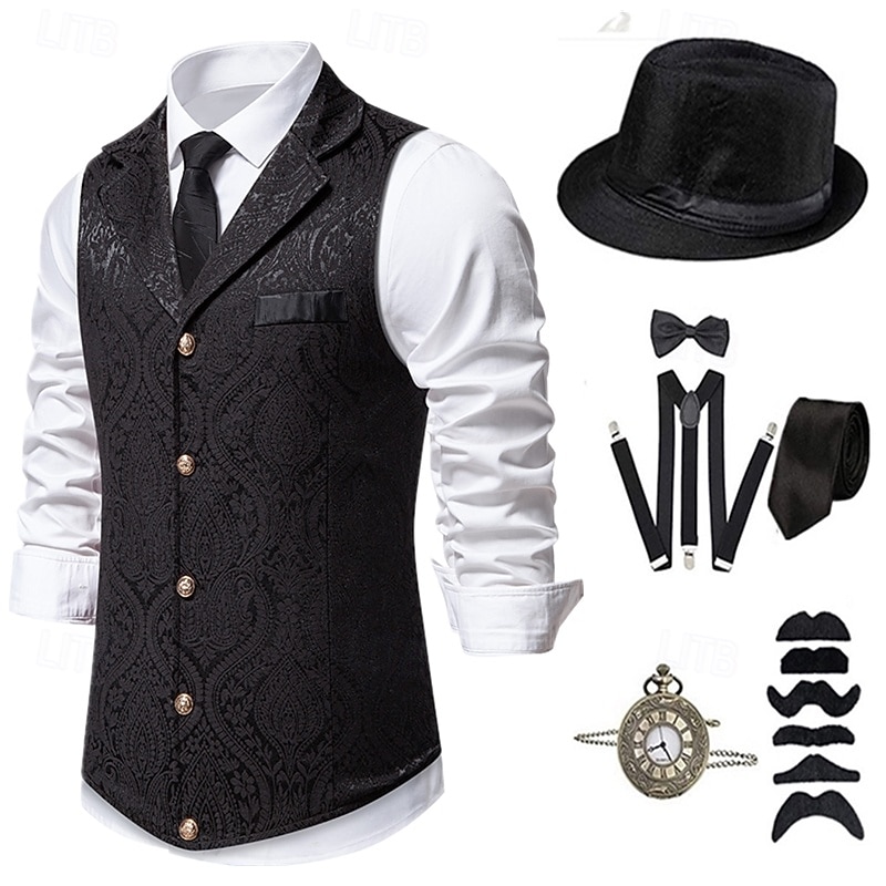 1920s Vintage Inspired The Great Gatsby Party Costume Masquerade Accessories Set Sleeveless Printing Turndown Fancy Dress Men's Halloween Party & Evening Casual Daily Adults' Vest Hat All Seasons