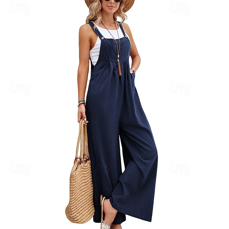 Women's Normal Overall Dungarees Streetwear Solid Color Sleeveless Wide Leg Square Neck Buttons Pocket Street Daily Regular Fit Black Navy Blue Green Summer2