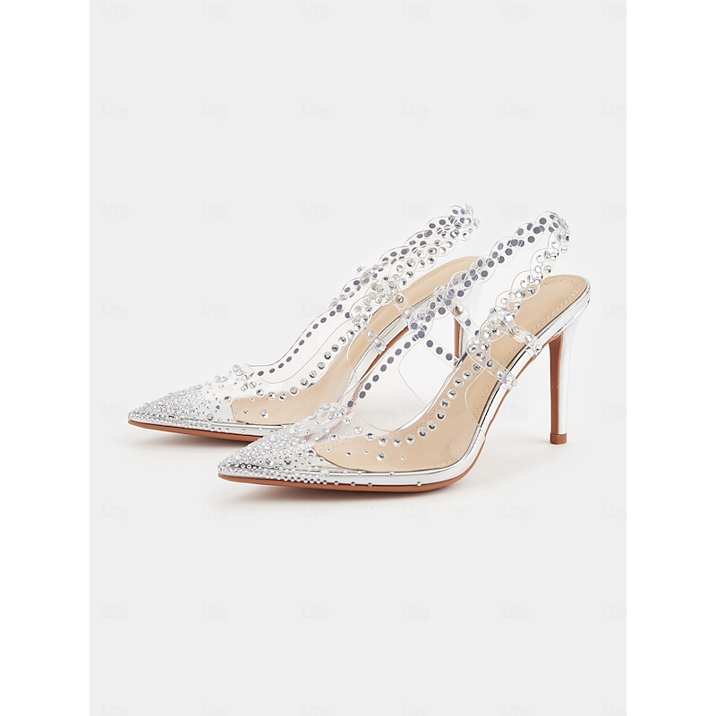 Women's Clear Pointed Toe Slingback Heels with Rhinestone Accents – Elegant Bridal & Prom Evening Shoes3