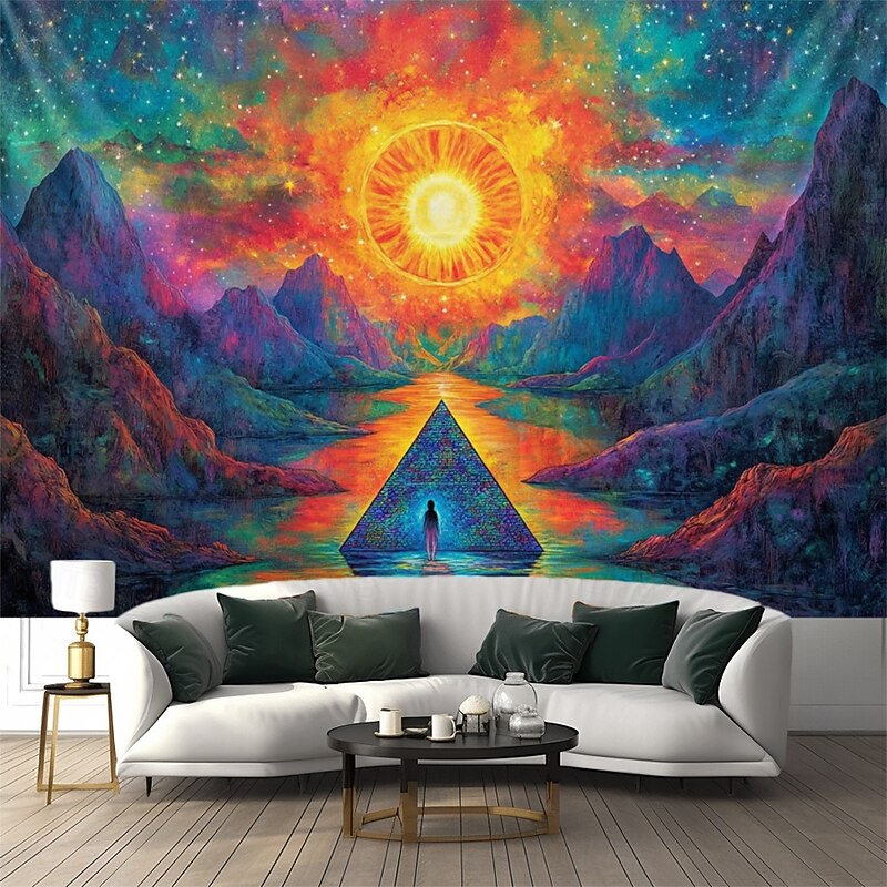 Blacklight Tapestry Glow in the Dark Glow Party UV Reactive Trippy Mountain Misty Nature Landscape Hanging Tapestry Wall Art Mural for Living Room Bedroom