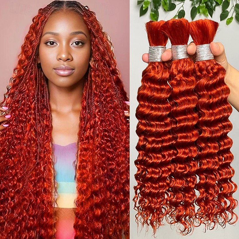 3 Bundles Bulk Hair Ginger Human Hair Deep Wave Extension Bundle Hair 10-28Inch - Main Image