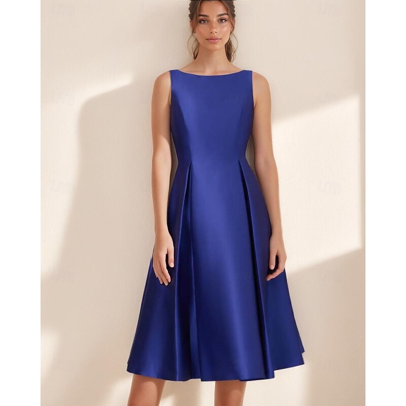 A-Line Cocktail Dresses Elegant Dress Formal Evening Party Tea Length Sleeveless Boat Neck Pocket Satin with Pleats Dresses