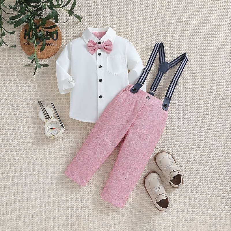 3 Pieces Ring Bearer Suit Boys Kids Toddler Shirt & Pants School Formal Party Fashion Basic Casual Solid Color V Neck Pink Green Cotton2