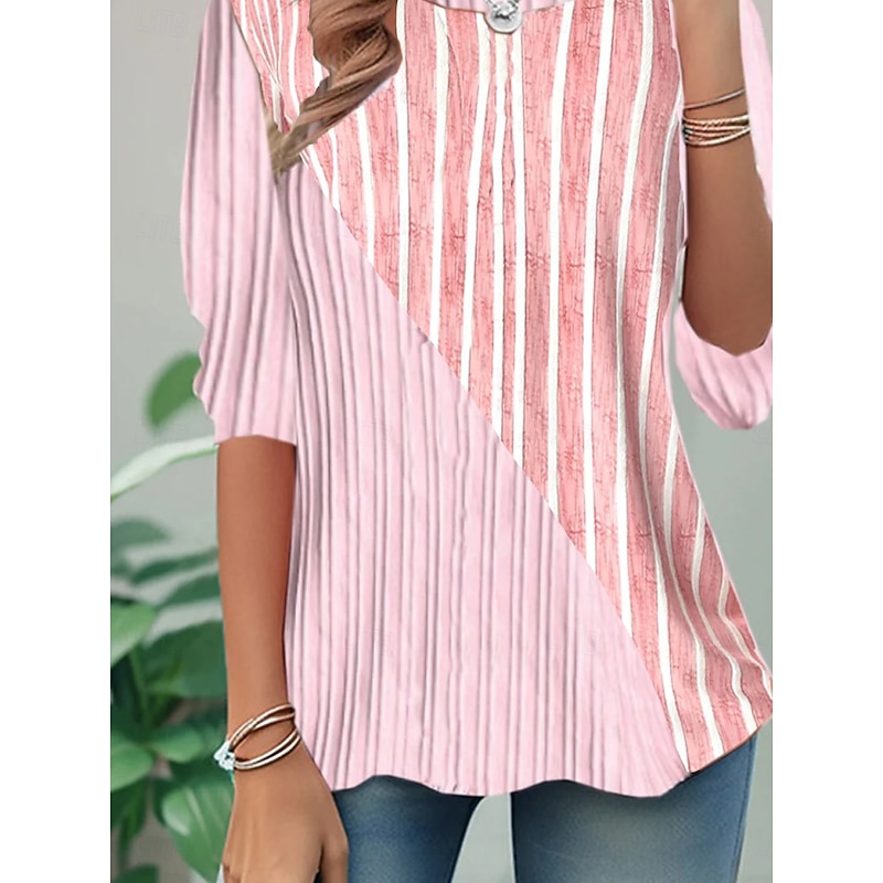 Women's T shirt Crew Neck Long Sleeve Tunic Graphic Striped Elegant Vintage  Regular Tops Daily Going out Weekend Print Pink3