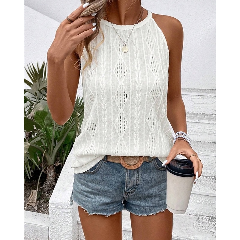 Women's Blouse Eyelet top Plain Daily Stylish Basic Sleeveless Halter Neck Regular Tops Work Daily Holiday Hollow Out White Pink Blue Summer Spring4