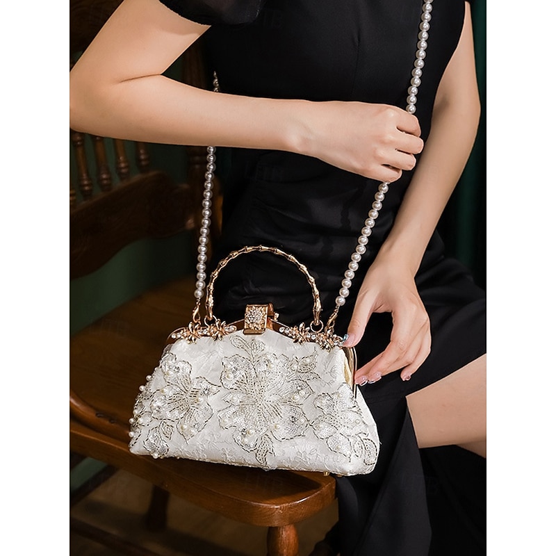 Elegant White Lace Evening Handbag with Pearl and Floral Embellishments – Stylish Bridal or Party Accessory for Women Black White2