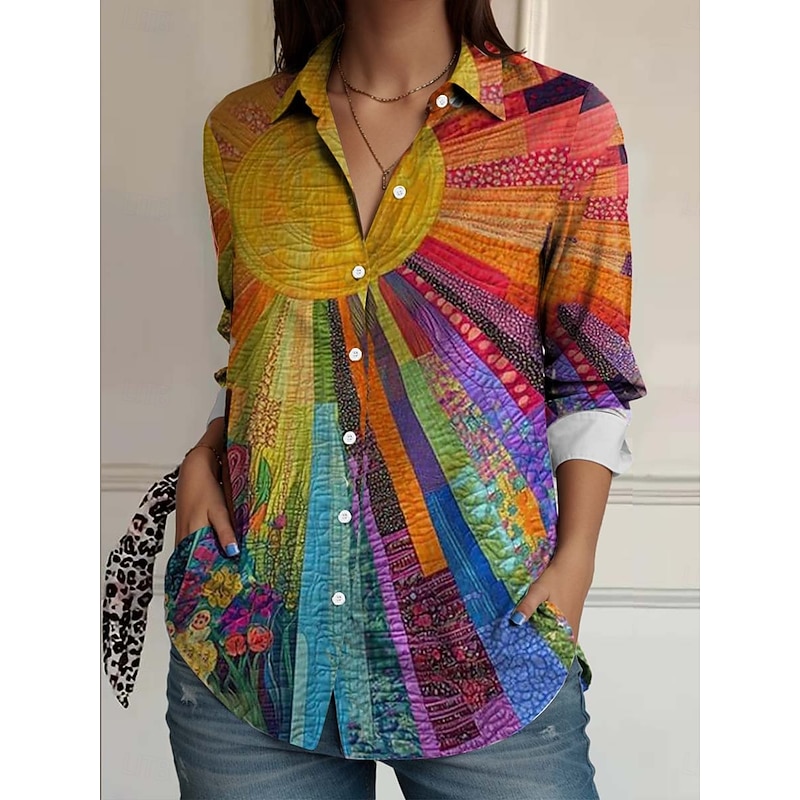 Women's Shirt Button Down Tunic Shirt Collar Long Sleeve Floral Casual Regular Tops Work Daily s Print Grass Green Wine Red Purple Green Spring Fall Winter