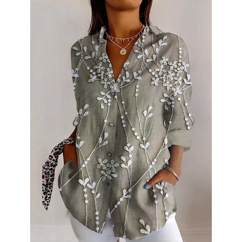 Women's Shirt Button Down Tunic Shirt Collar Long Sleeve 3D Print Floral Graphic Daily Stylish Retro Vintage Regular Tops Daily Holiday Going out s Camel Khaki Spring