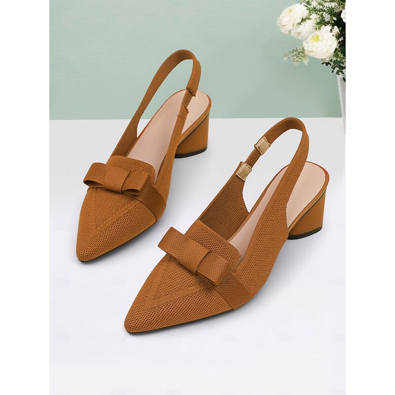 Slingback Heels with Bow Detail, Flyknit Mesh Upper, and Block Heels for Elegant Office Wear and Evening Events3