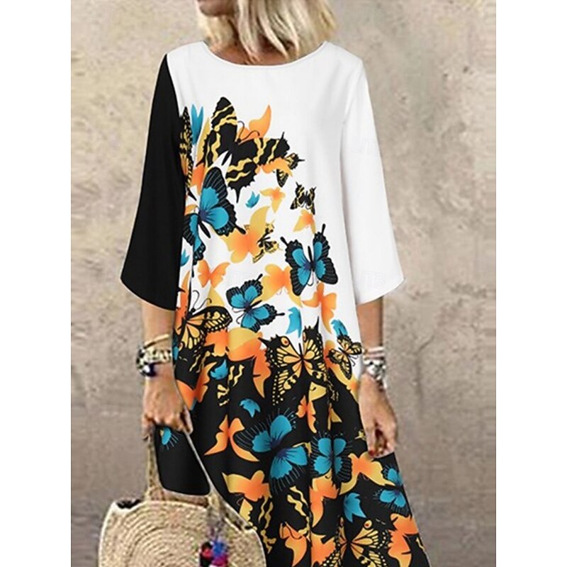 Women's Maxi Dress Casual Dress Stylish Casual Vacation Daily Regular Fit Floral 3/4 Length Sleeve Crew Neck White Yellow Red Summer Spring3