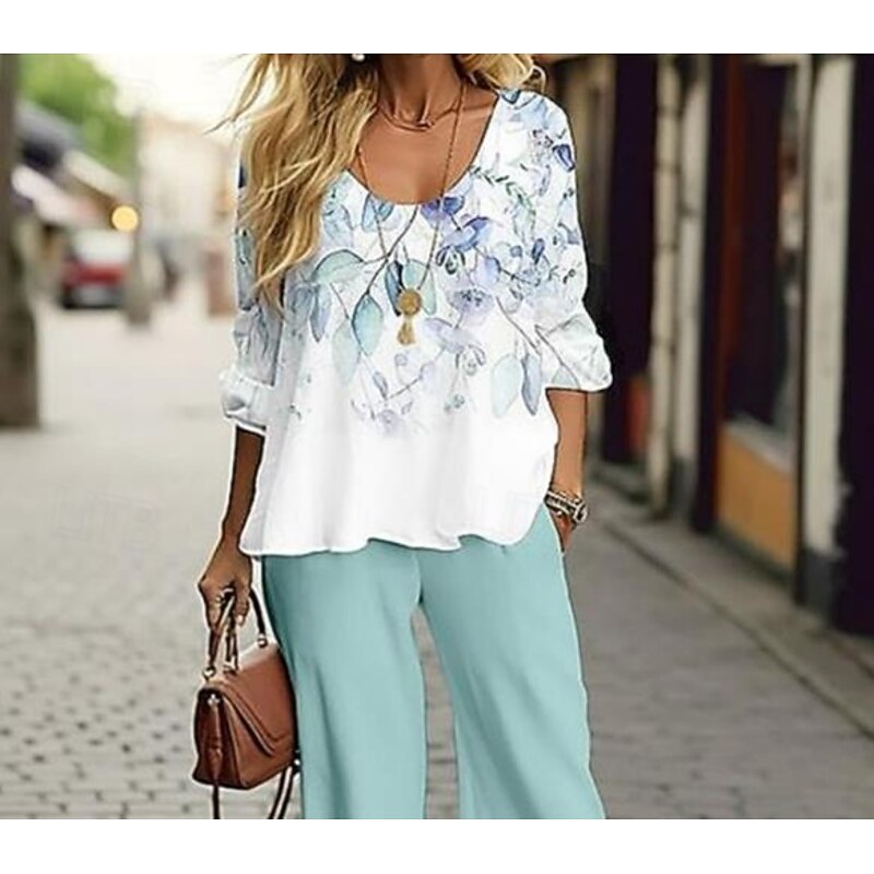 Women's 2 Pieces Basic Neon & Bright Shirt Blouse Chinos 3/4 Length Sleeve V Neck Leopard Print Casual Linen Like Green Spring Regular Fit2