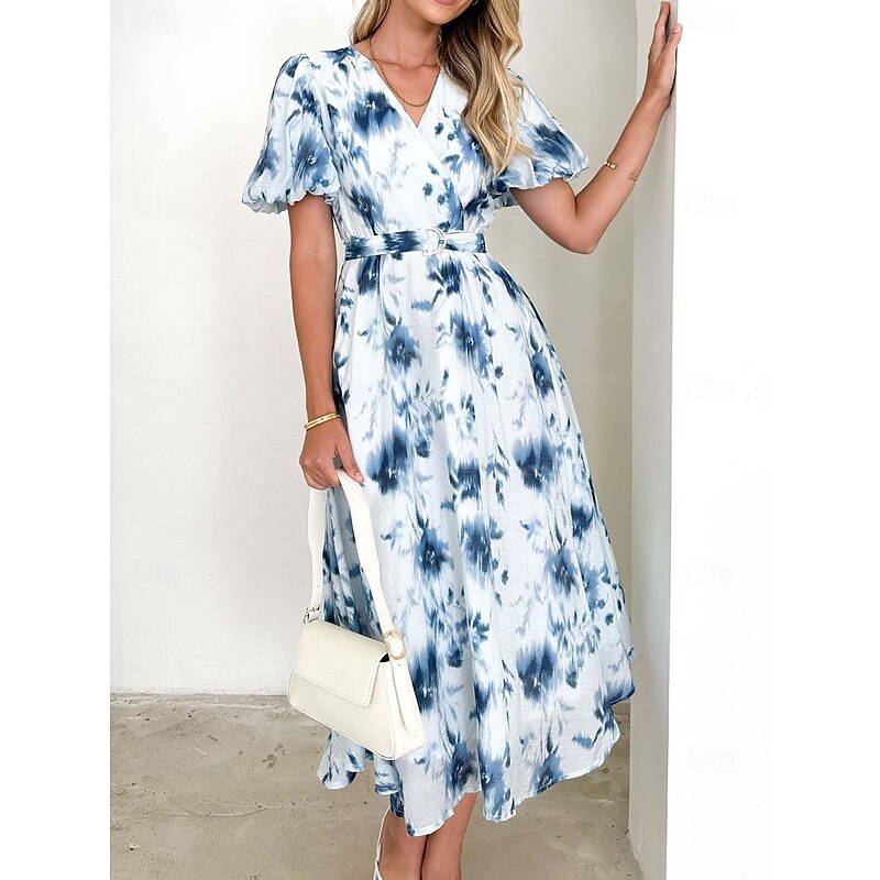 Retro Vintage 1950s Midi Dress Wrap Dress Flare Dress Puff Sleeve Floral A-Line V Neck Fancy Dress Women's Masquerade Wedding Vacation Tea Party Adults' Dress3