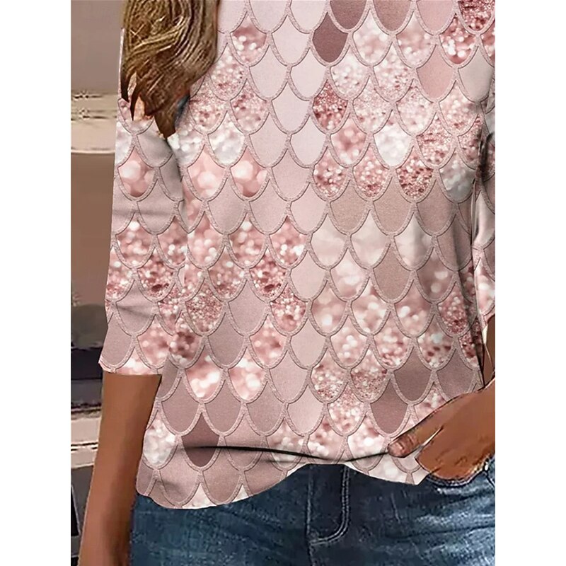 Women's T shirt Crew Neck Long Sleeve Tunic Geometric Casual  Regular Tops Daily Print Pink Spring Fall3