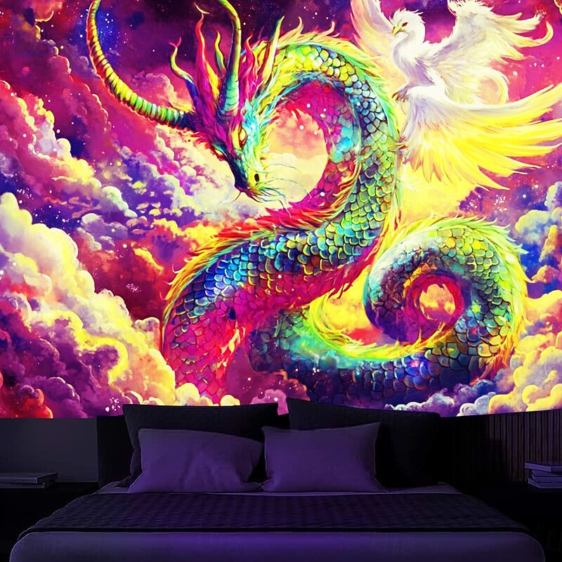 Blacklight Tapestry Glow in the Dark Glow Party UV Reactive Dragon Phenix Trippy Misty Galaxy Nature Landscape Hanging Tapestry Wall Art Mural for Living Room Bedroom4