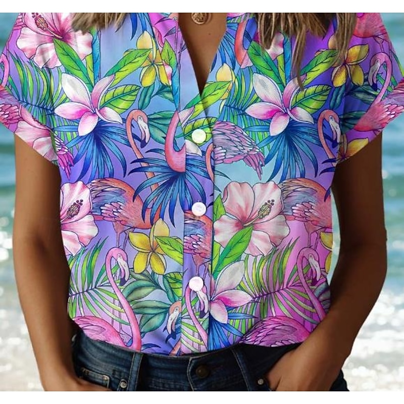 Women's Shirt V Neck Button Down Blouse Floral Elegant Vintage Tropical Short Sleeve Shirt Collar Regular Tops Daily Buttons Print Purple Summer3