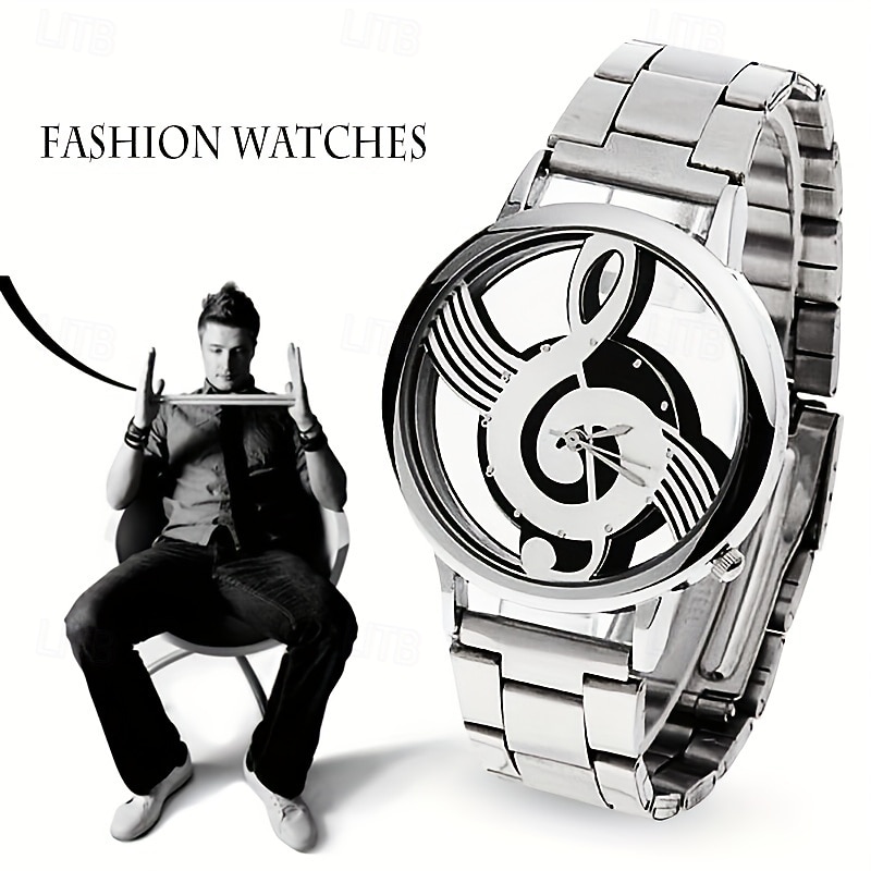 Fashion and Casual Music Note Notation Watch Stainless Steel Wristwatch for Men and Women Silver Watches2