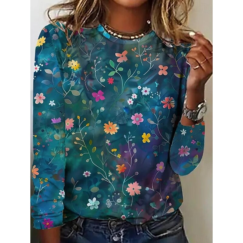 Women's T shirt Crew Neck Long Sleeve Tunic Floral Graphic Casual  Regular Tops Daily Print Blue Spring Fall