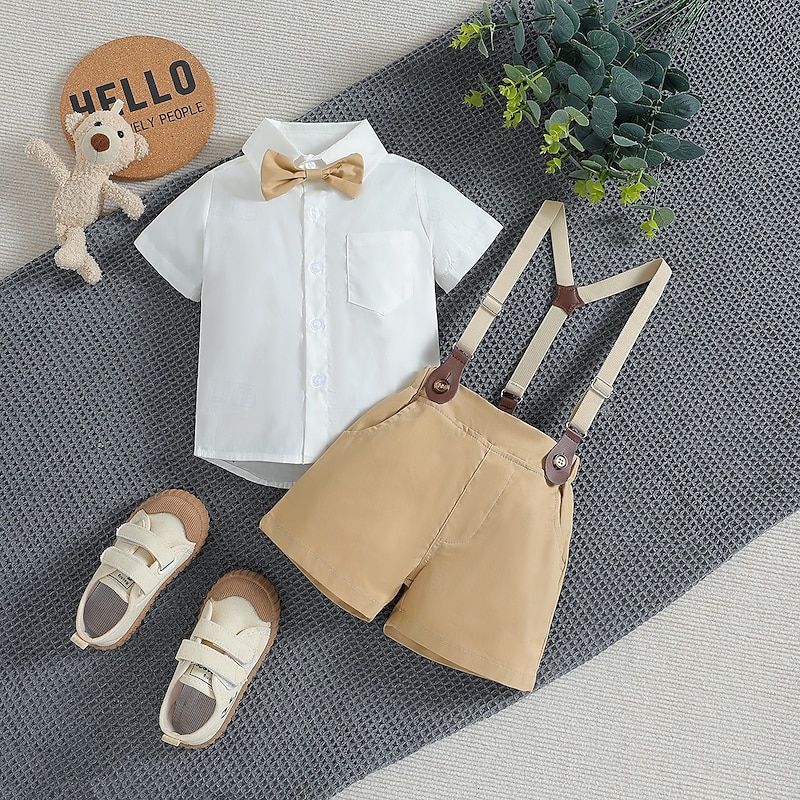 3 Pieces Ring Bearer Suit Boys Kids Toddler Shirt & Shorts School Formal Party Fashion Gentle Solid Color V Neck White Cotton2