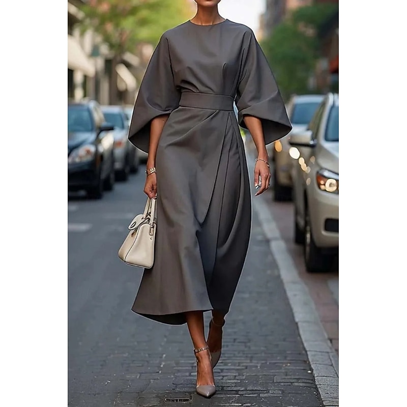 Women's Long Dress Maxi Dress Maxi Dress Elegant Dress Elegant Batwing Sleeve Regular Fit Solid Color 3/4 Length Sleeve Crew Neck Black Wine Purple Brown Fall2