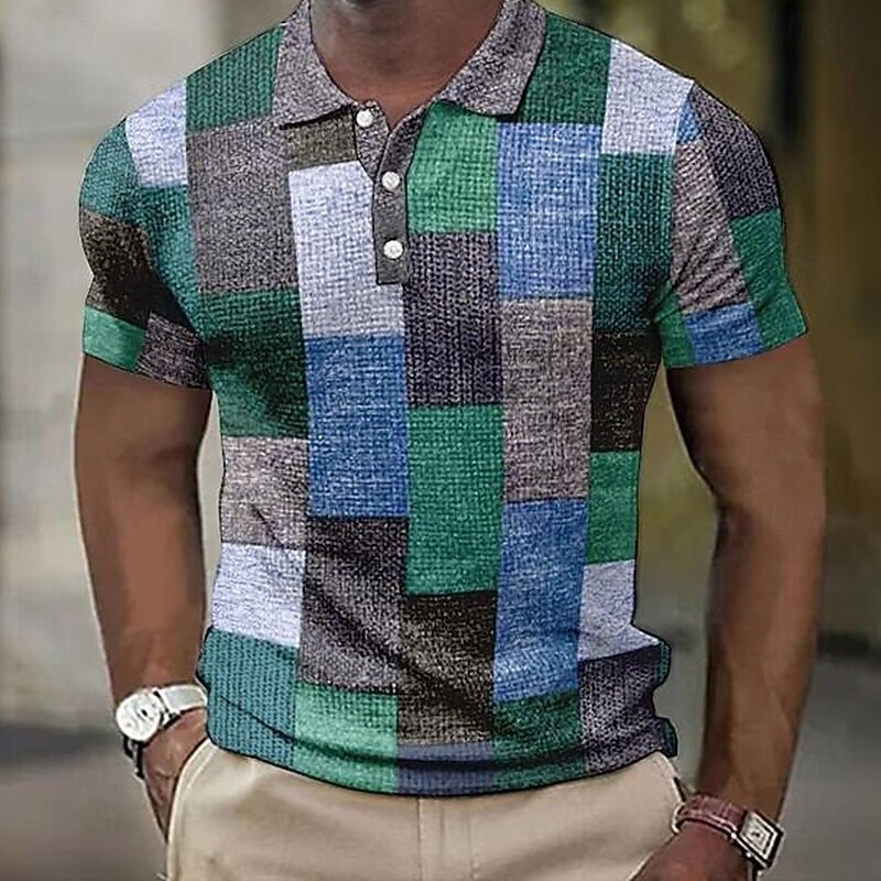 Men's Color Block Waffle Polo Shirts Short Sleeve Polo Shirts Collared Shirts Business Casual Athleisure Outdoor clothing Daily Wear Buttons 3D Print Summer Blue
