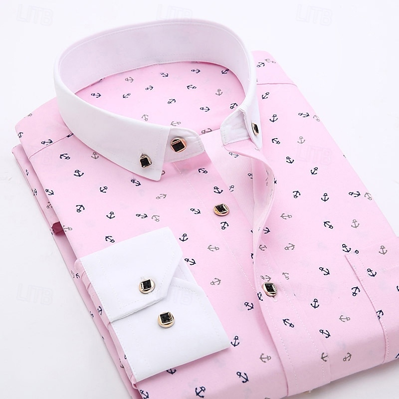 Men's Shirt Dress Shirt Button Up Shirt Anchor Wedding Party White Light Green Pink Navy Blue Long Sleeve Lapel Spring Fall Clothing Apparel Pocket4