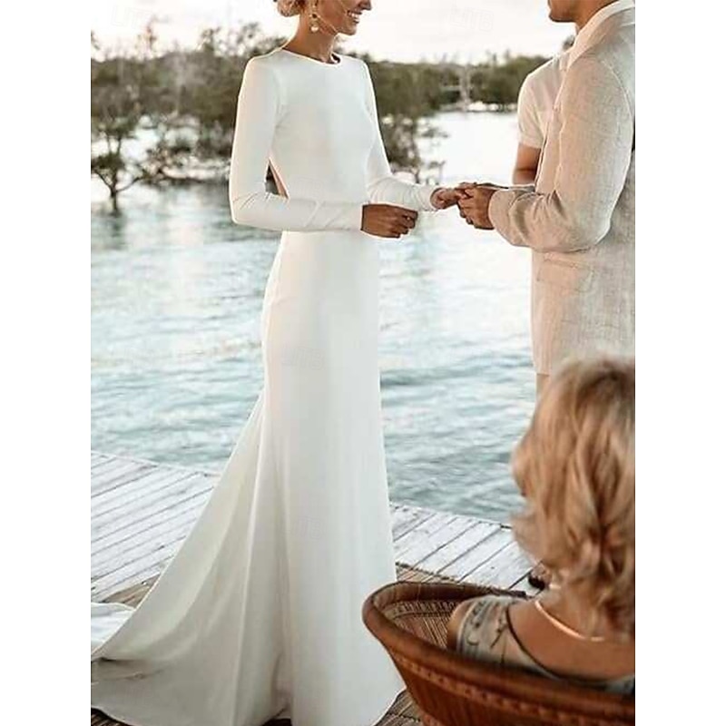 Wedding Dresses Ball Gown Scoop Neck Long Sleeve Chapel Train Satin Bridal Gowns With Pleats Ruched3