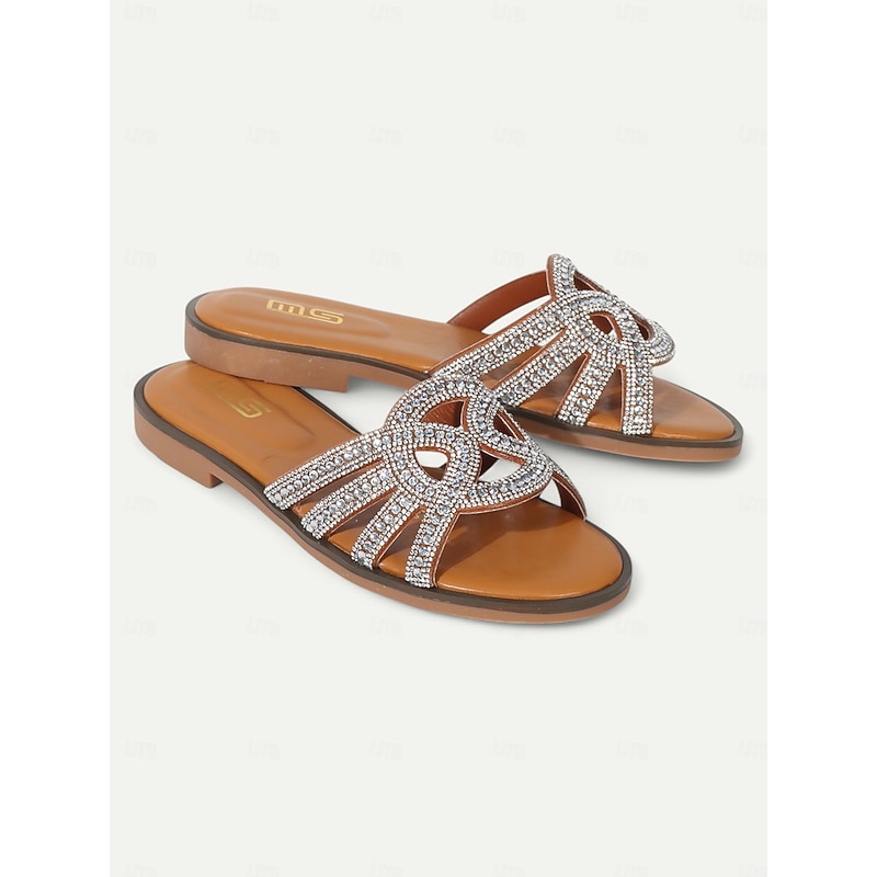 Women's Brown Rhinestone Embellished Slide Sandals – Open-Toe Flat Slip-On Sandals for Summer Beach & Casual Wear4