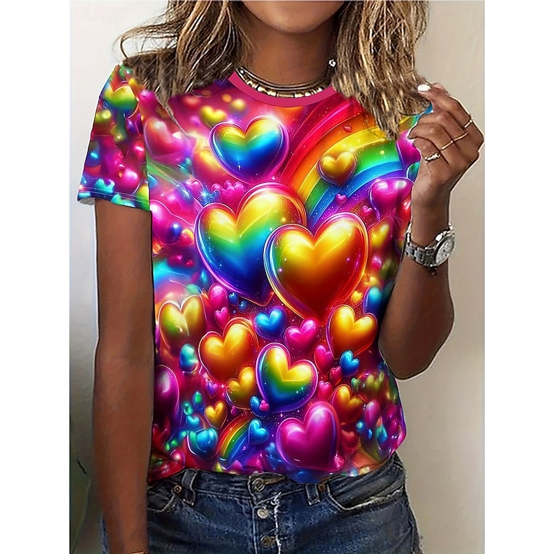 Women's T Shirt Heart Casual Short Sleeve Round Neck Regular Tops Daily Print Fuchsia Summer