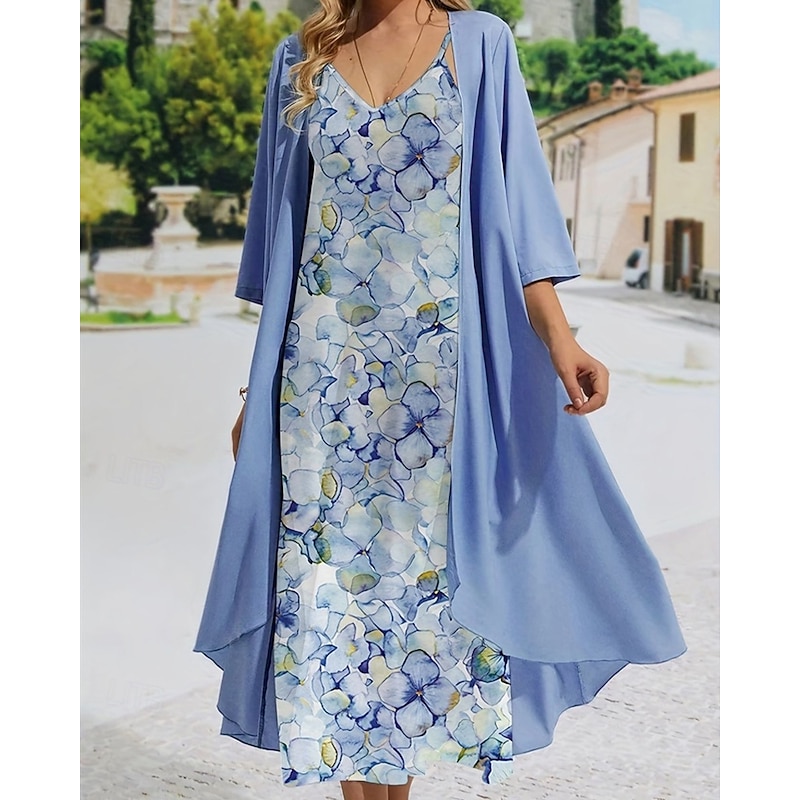 Women's Fashion Streetwear Skirt Sets Half Sleeve Bell Sleeve Shirt Collar Floral Print Daily Wear Date Blue Green Spring Regular Fit4