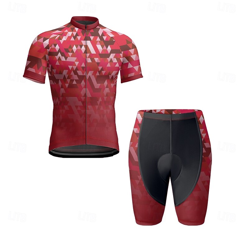 Men's Cycling Jersey with Shorts Geometric Short Sleeve Bike Clothing Suit with 3 Rear Pockets Mountain Bike MTB Road Bike Cycling Front Zipper Sweat wicking Comfortable Breathable Sports Black Red2