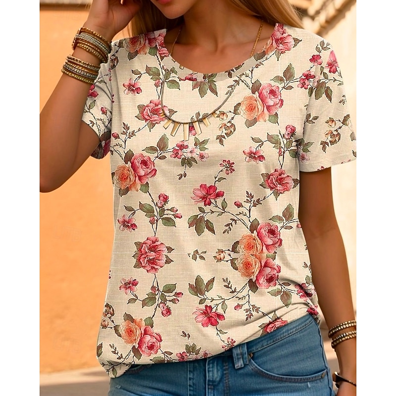 Women's T Shirt Petite Summer Tops Floral Graphic Elegant Bohemia Vintage Short Sleeve Butterfly Sleeve Crew Neck Regular Tops Daily Going out Weekend Print White Summer