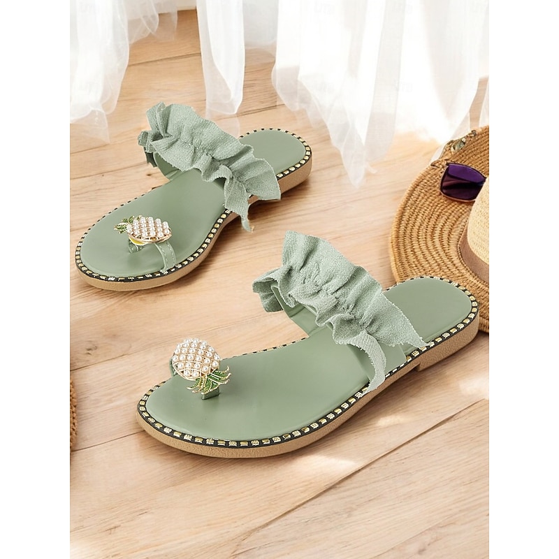 Green Ruffled Slide Sandals for Women – Stylish Pearl Pineapple Detail, Comfortable Flat Sandals for Summer, Beach and Casual Wear2