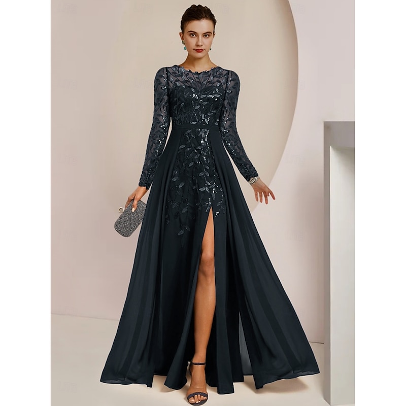 A-Line Mother of the Bride Dress Wedding Guest Elegant Jewel Neck Floor Length Chiffon Lace Sequined Long Sleeve with Split Front Ruching Solid Color2