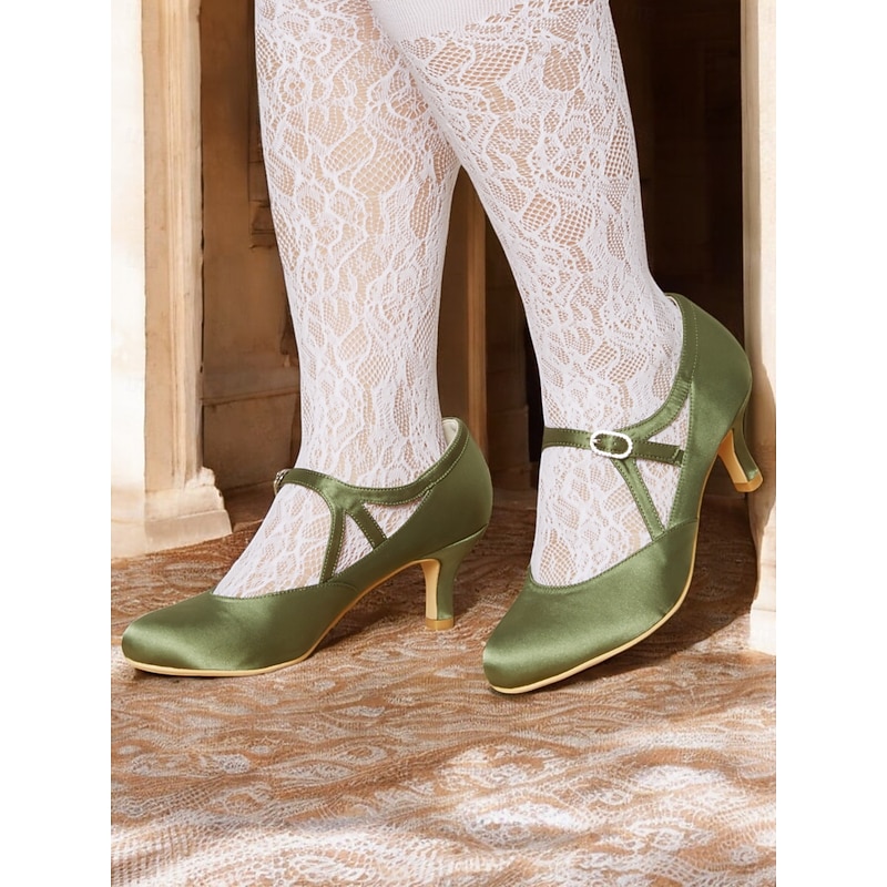 Women's Sage Green Satin T-Strap Heels-Vintage Gatsby Mid Heel Pumps with Buckle Closure, Elegant Shoes for Weddings & Ballroom Dance