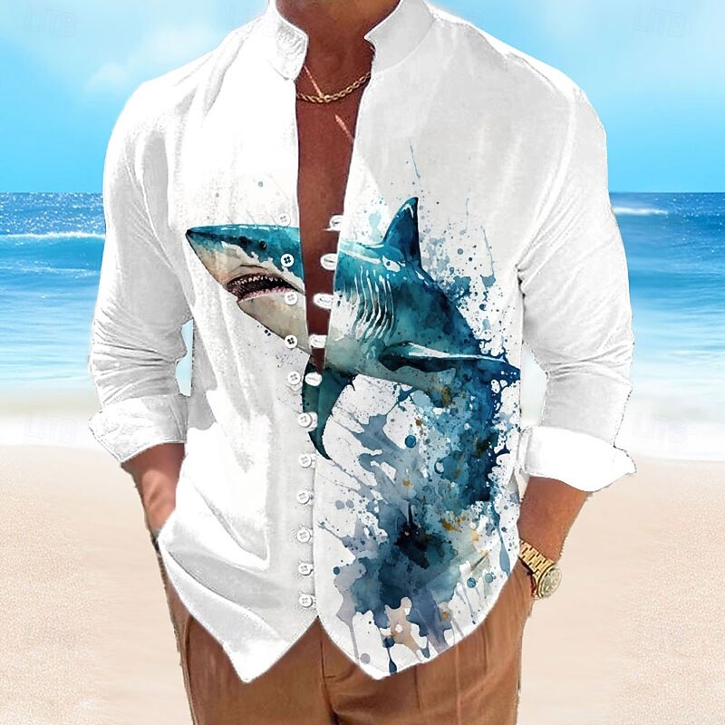 Men's Shark Turtles Sea Creatures Shirt Linen Shirt Summer Hawaiian Shirt Long Sleeve Casual Vacation Holiday Beach Wear Summer Spring Standing Collar 3D Print Button-Down Blue 1# Blue2