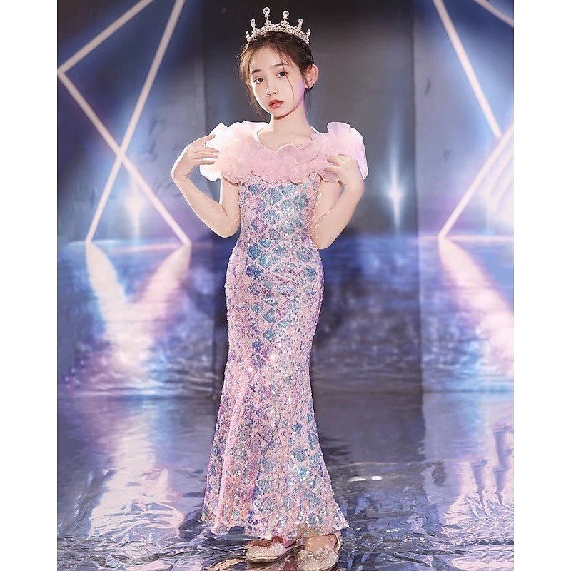 Kids Girls' Dress Mermaid Short Sleeve Performance Party Mesh Puff Sleeve Adorable Costume Polyester Maxi Casual Dress Trumpet Mermaid Dress Summer Spring 4 years+ Pink