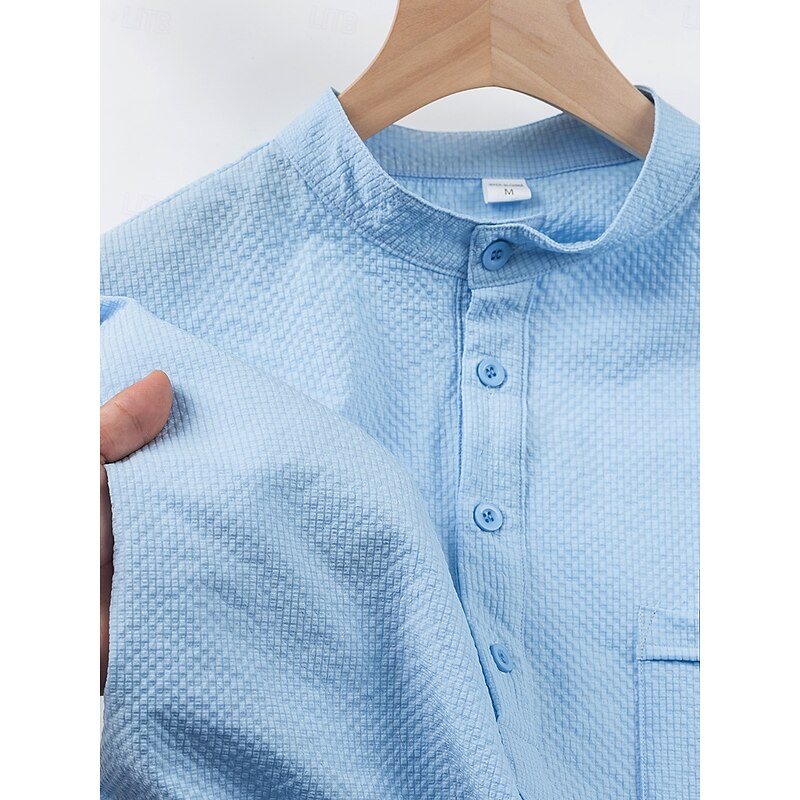 Men's Shirt Popover Shirt Summer Shirt Casual Shirt Button Up Shirt Black White Blue Green khaki Short Sleeve Classic Solid / Plain Color Band Collar Henley Vacation Hawaiian Buckle Clothing Apparel4