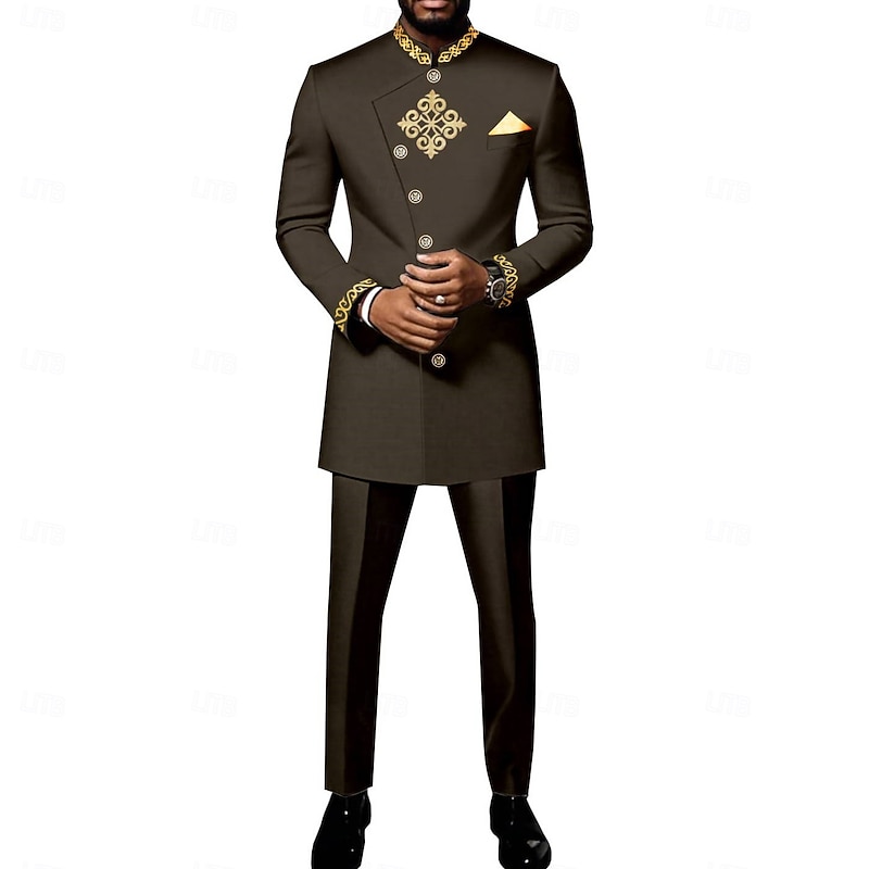 Men's Africa Festival Party Suits Black White Solid Colored Standard Fit 2 Piece Single Breasted More-button4