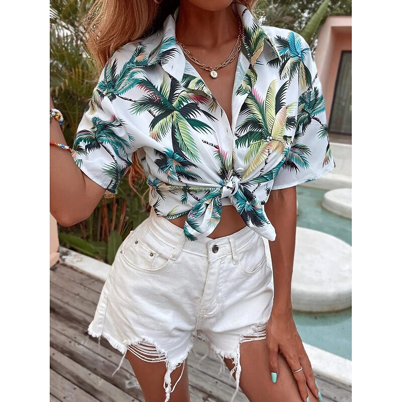 Women's Shirt Long Sleeve Button Down Blouse Leaf Stylish Beach Short Sleeve Shirt Collar Regular Tops Daily Buttons Print White Pink Green Spring Fall3