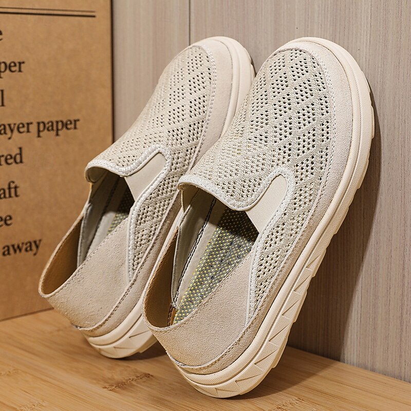 Men's Beige Slip-On Sneakers with Breathable Mesh Upper and Cushioned Sole for Comfortable Casual Wear2
