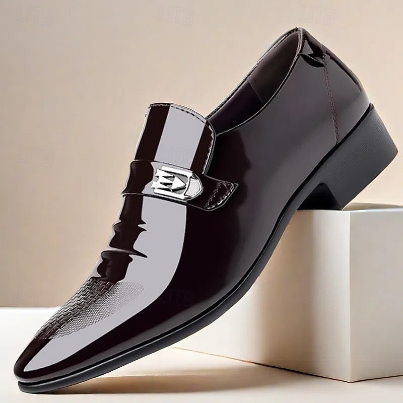 Men's Patent Leather Dress Shoes – Classic Slip-On Loafers with Metal Buckle for Business, Formal Events, and Wedding Attire