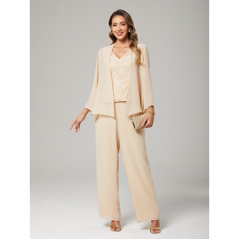 Pantsuit 3 Piece Mother of the Bride Dress Formal Wedding Guest Elegant V Neck Floor Length Chiffon Lace Long Sleeve Jacket Dresses with Appliques