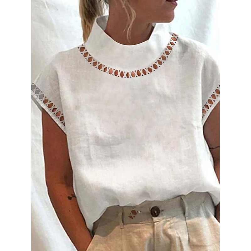 Women's Cotton Linen Shirts Dressy Tops Elegant Sleeveless Crew Neck Regular Tops White Summer Spring