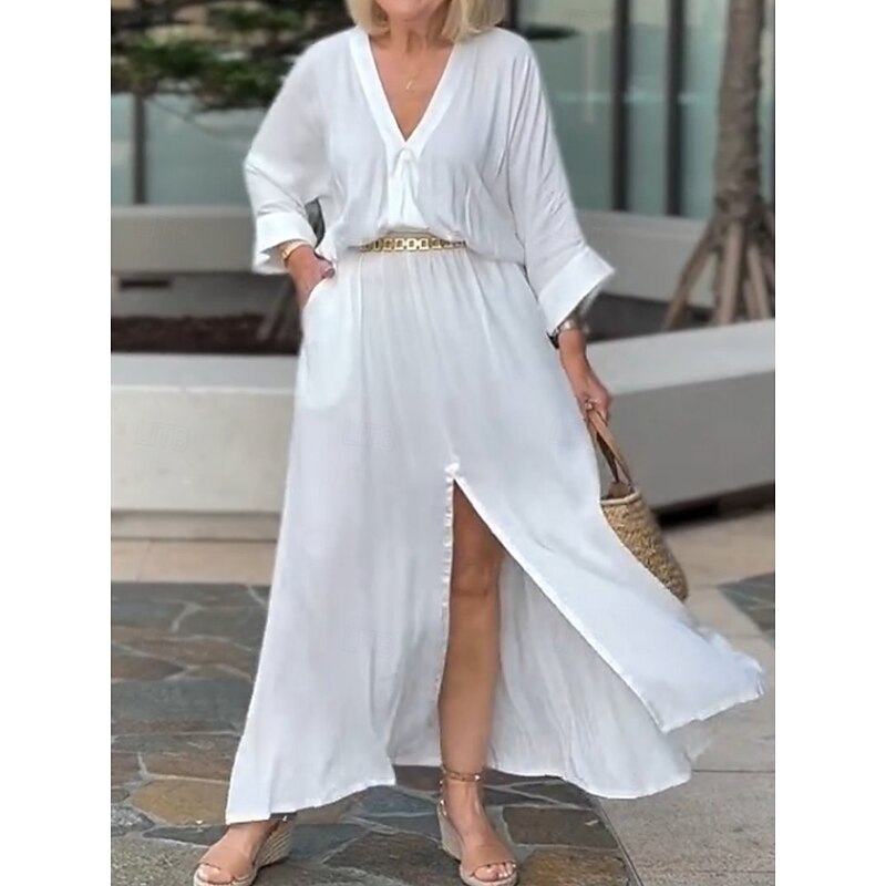 Women's Maxi Dress Linen-Inspired Dresses Casual Dress Basic Casual Vacation Daily Regular Fit Plain 3/4 Length Sleeve V Neck Black White Summer Spring2